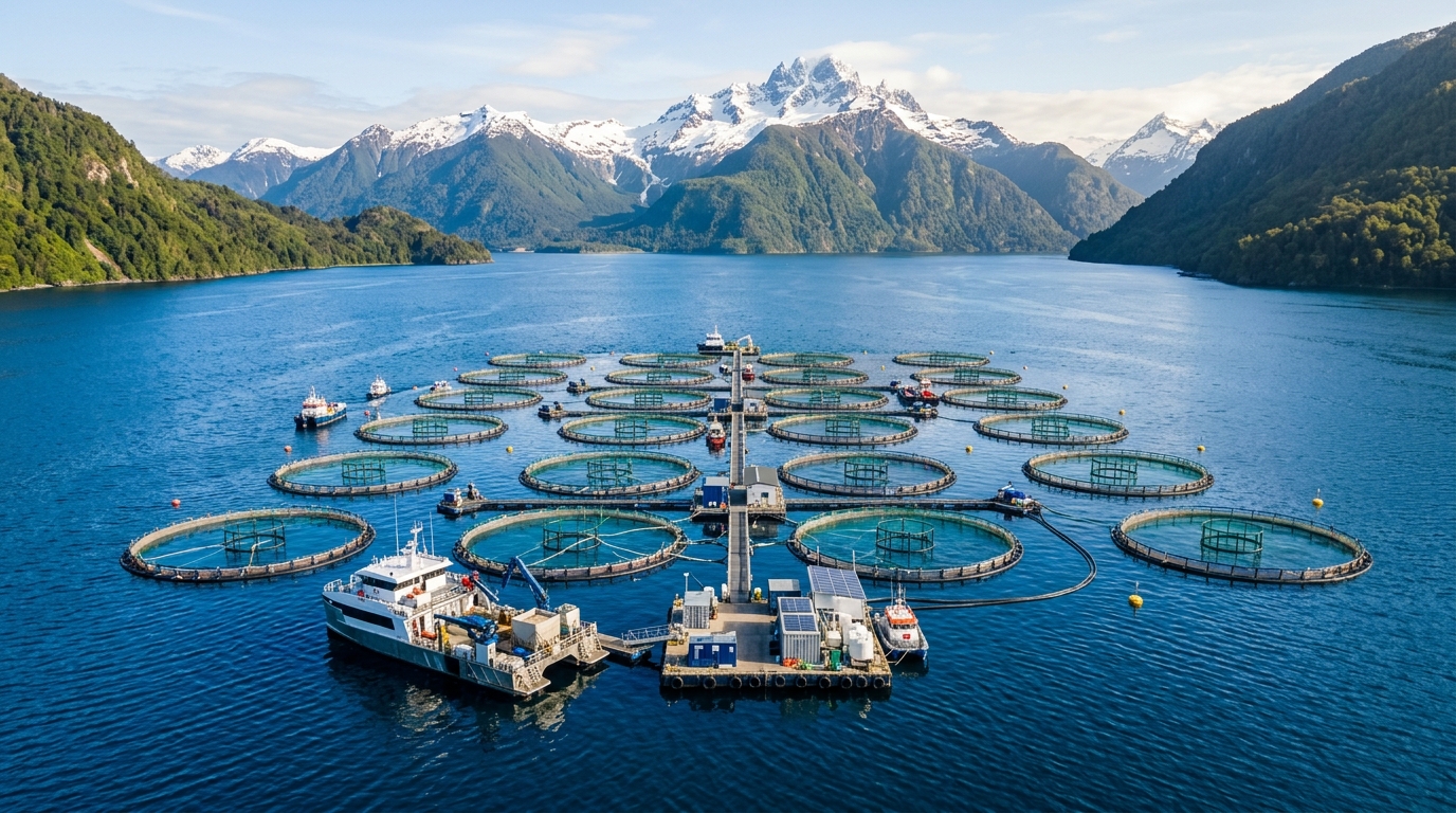 Centro de Cultivo de Salmón en la Patagonia Chilena